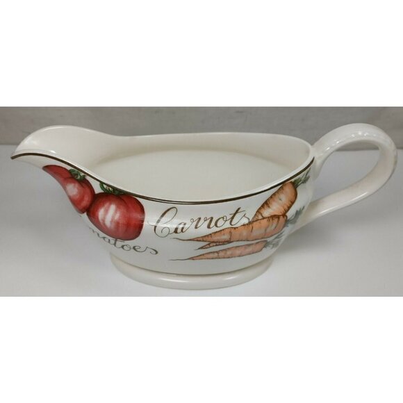 Vintage Red Pepper Mushrooms Carrots Tomatoes Gold Rim Ceramic Gravy Boat - Picture 7 of 10